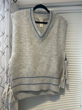 Free People Gray V-Neck Knit Sweater Vest with Blue Trim